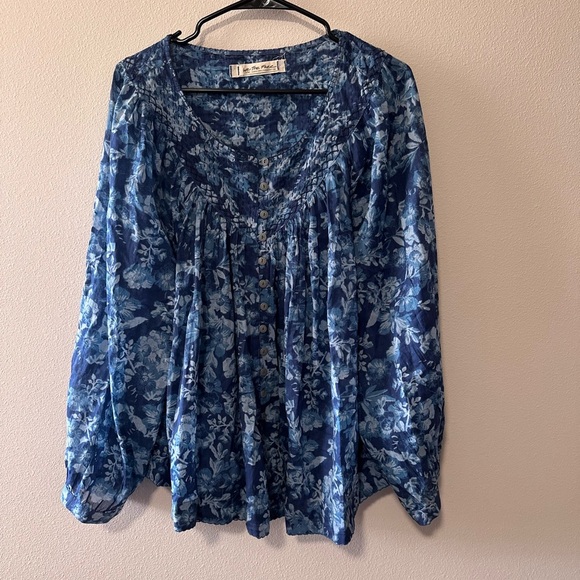 Free People Cool Meadow Printed Top denim combo size large we the free boho - Picture 3 of 8